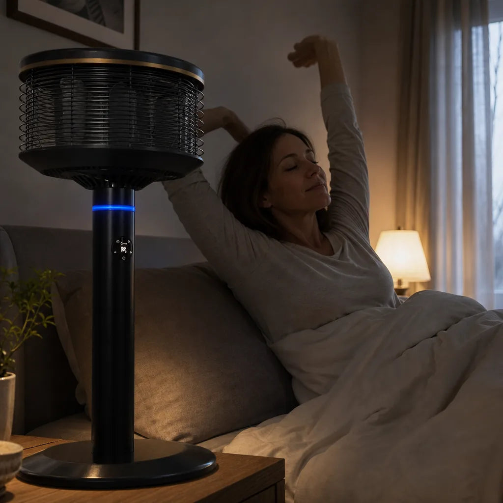 Woman waking up rested at dawn, Spin360 on the nightstand