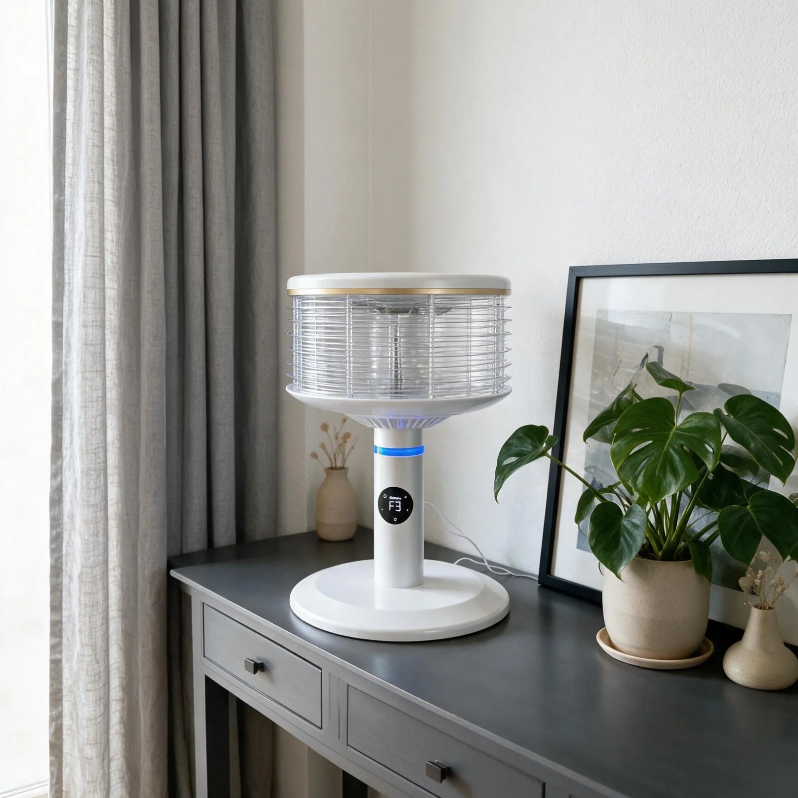 Spin360 on a nightstand next to the bed