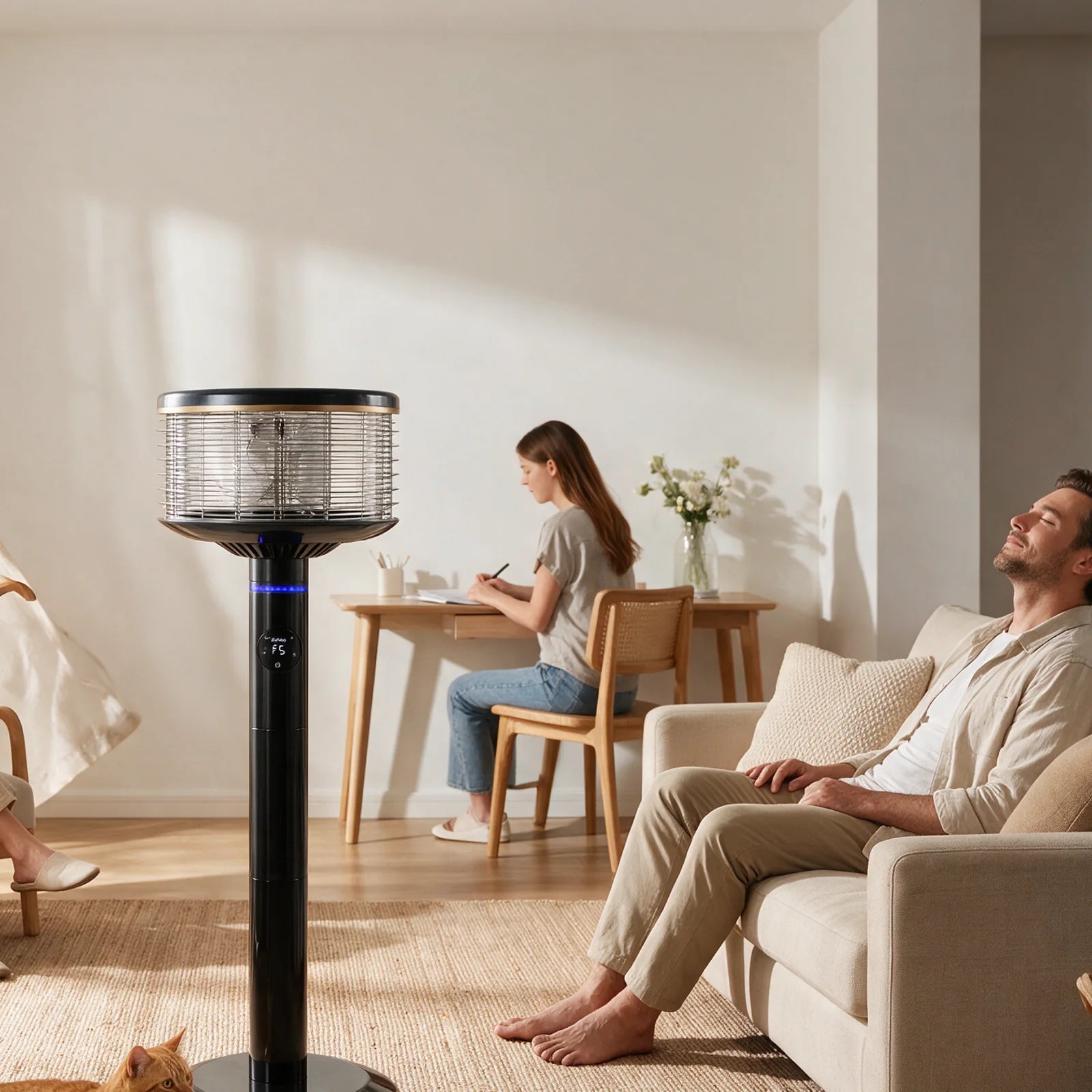A couple sitting in a bright, well-decorated living room that feels closed-up and still