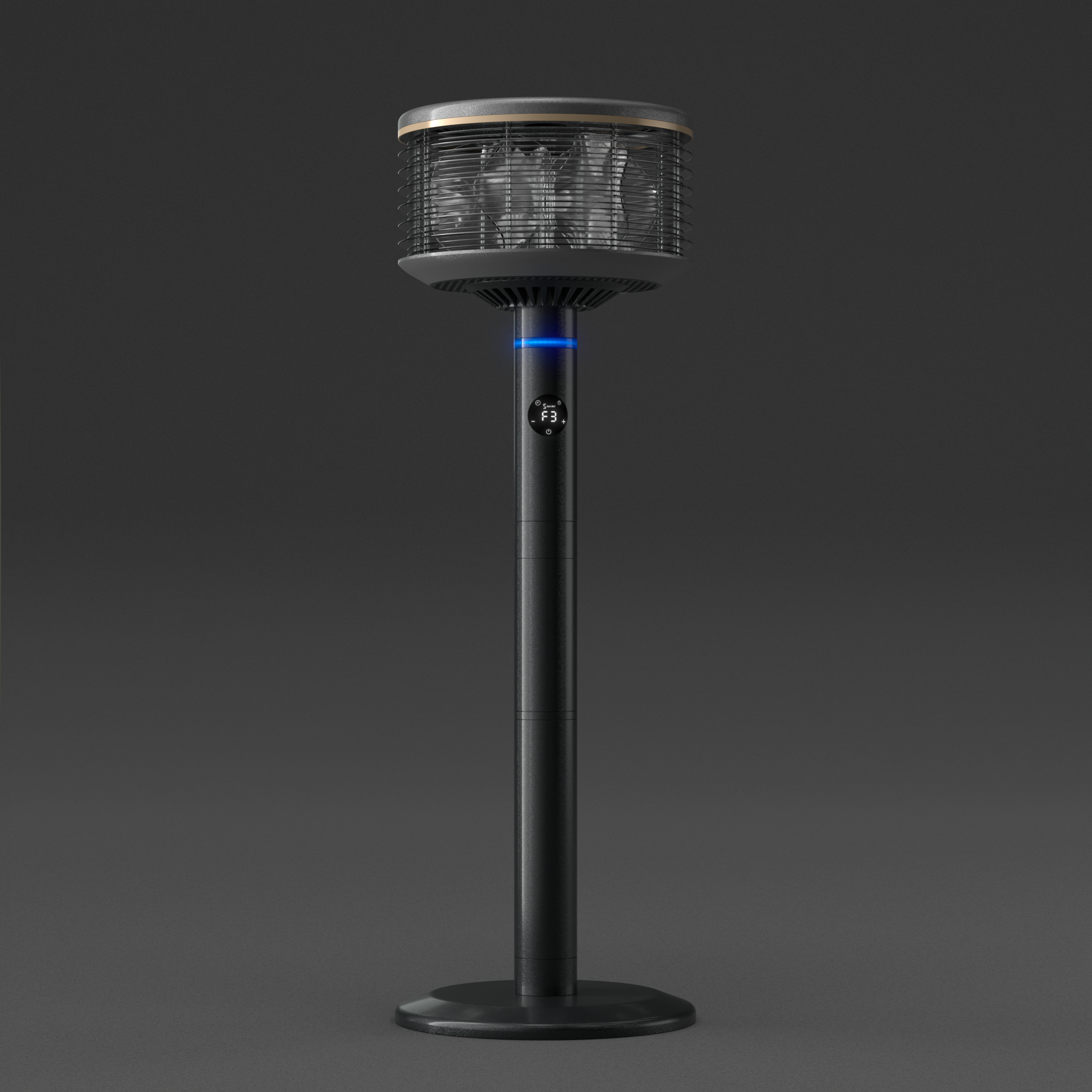 Black portable fan with digital display on a dark background