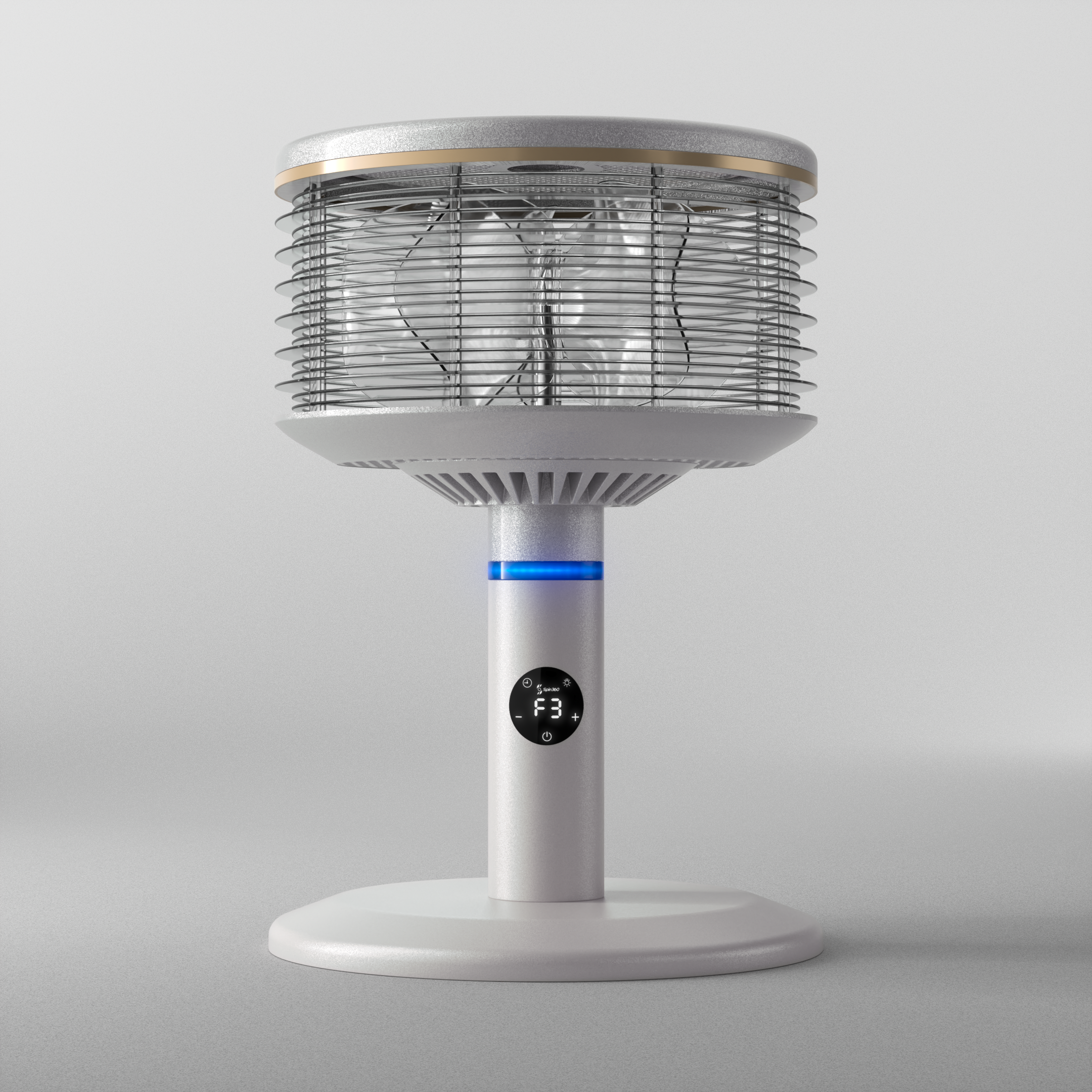 White portable fan with digital display on a light background.
