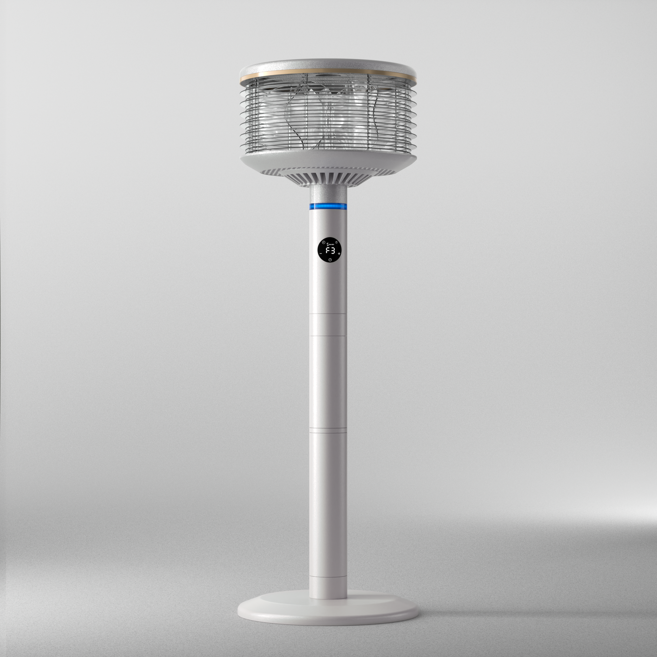 White portable fan with digital display on a light background.