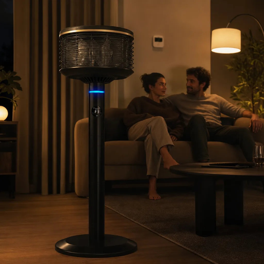 Spin360 in an evening living room with the thermostat on the wall
