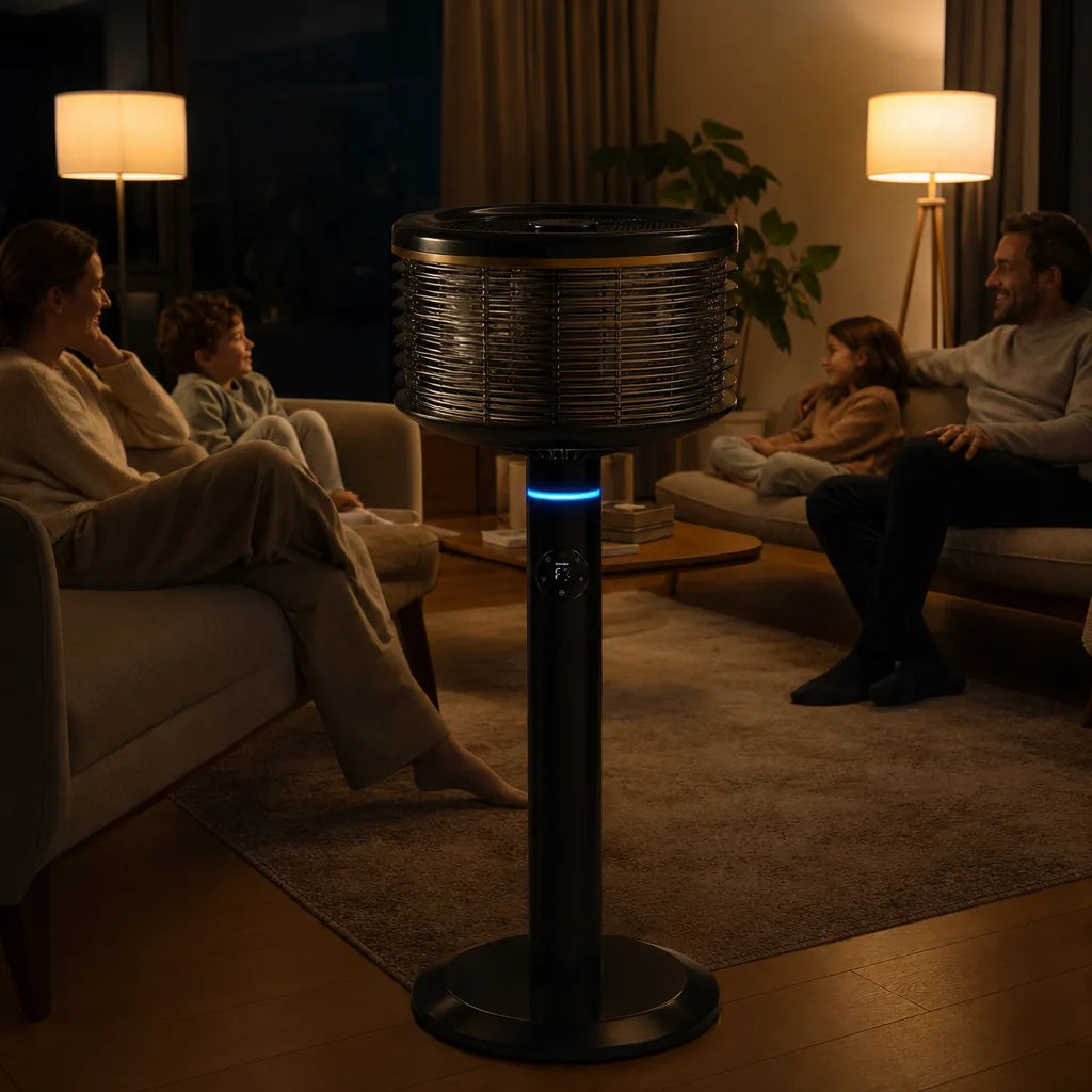 Family relaxing on two sofas in the evening with Spin360 between them