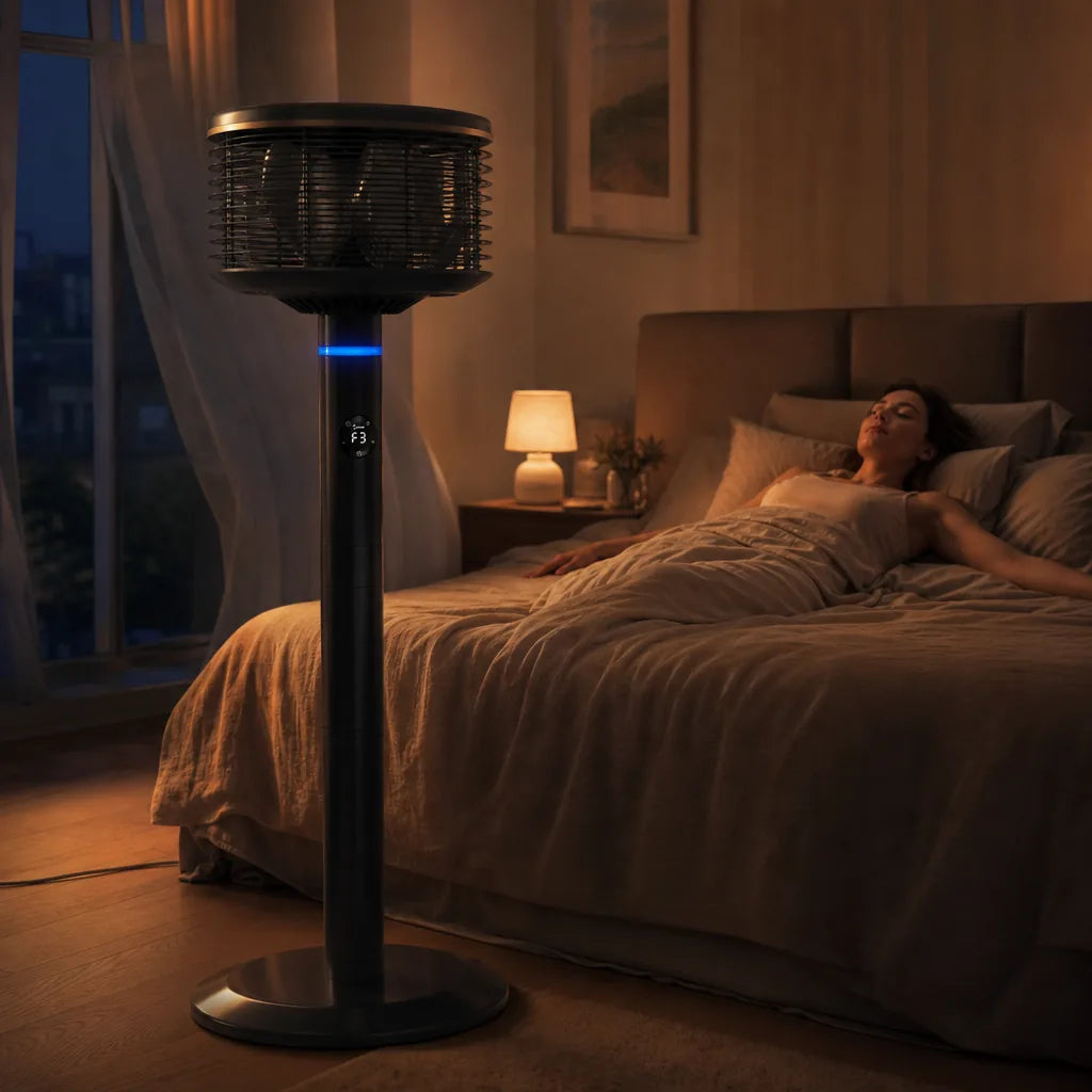 Woman lying comfortably on a bed at dusk with curtains moving, Spin360 beside the bed