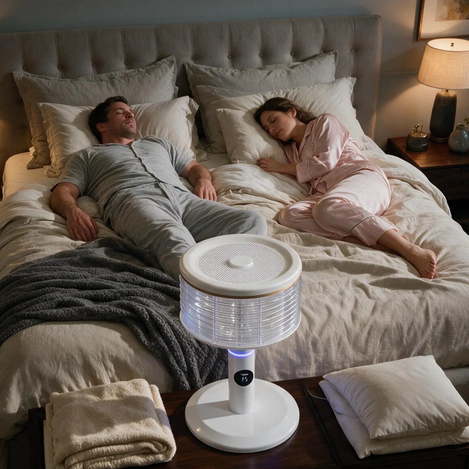 Woman sleeping soundly with a Spin360 beside the bed