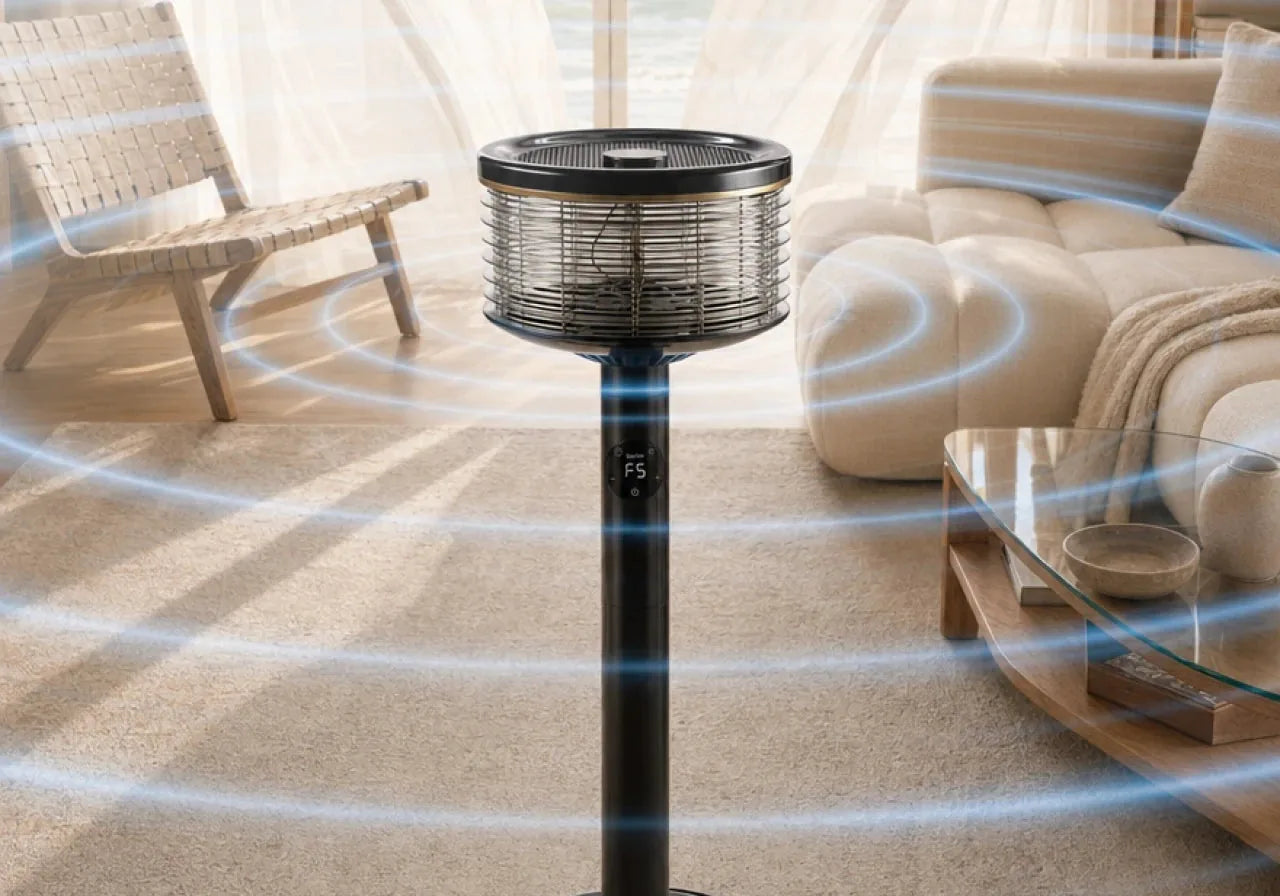 Spin360 fan in a bright living room, moving air in every direction