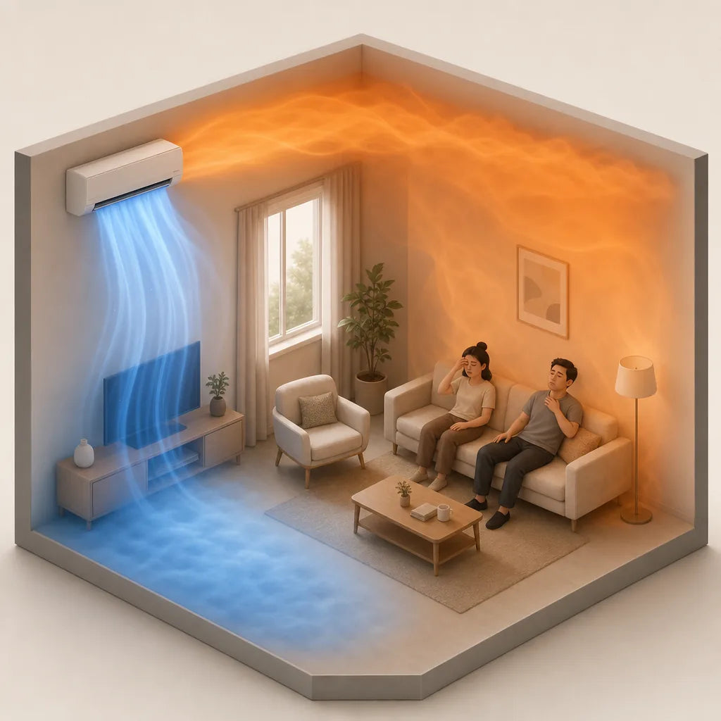 Illustration: cold air from an AC pools on the floor in one corner while warm air sits at the ceiling