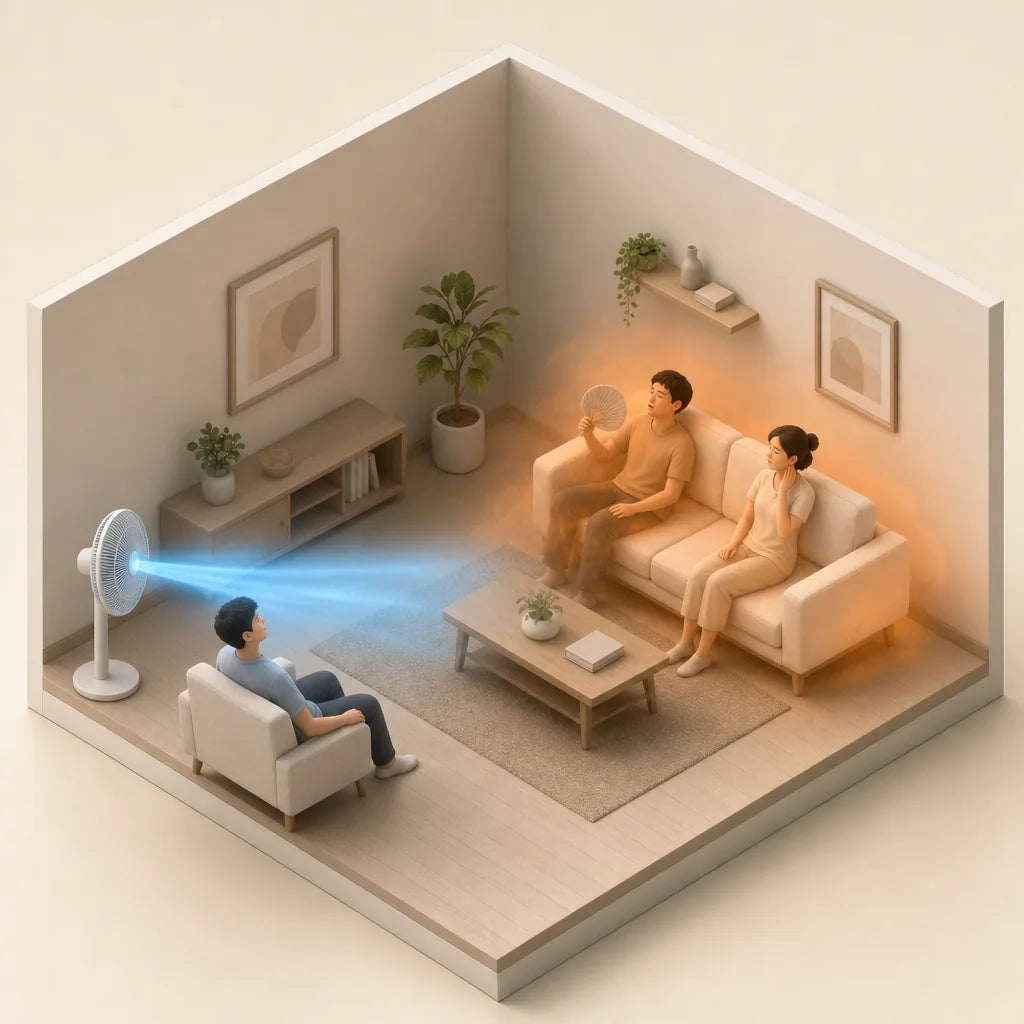 Illustration: a regular fan blows one stream of air at one person while two others stay hot