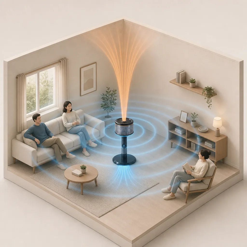 Illustration: Spin360 pulls warm air down and cool air up and spreads even air across the whole room