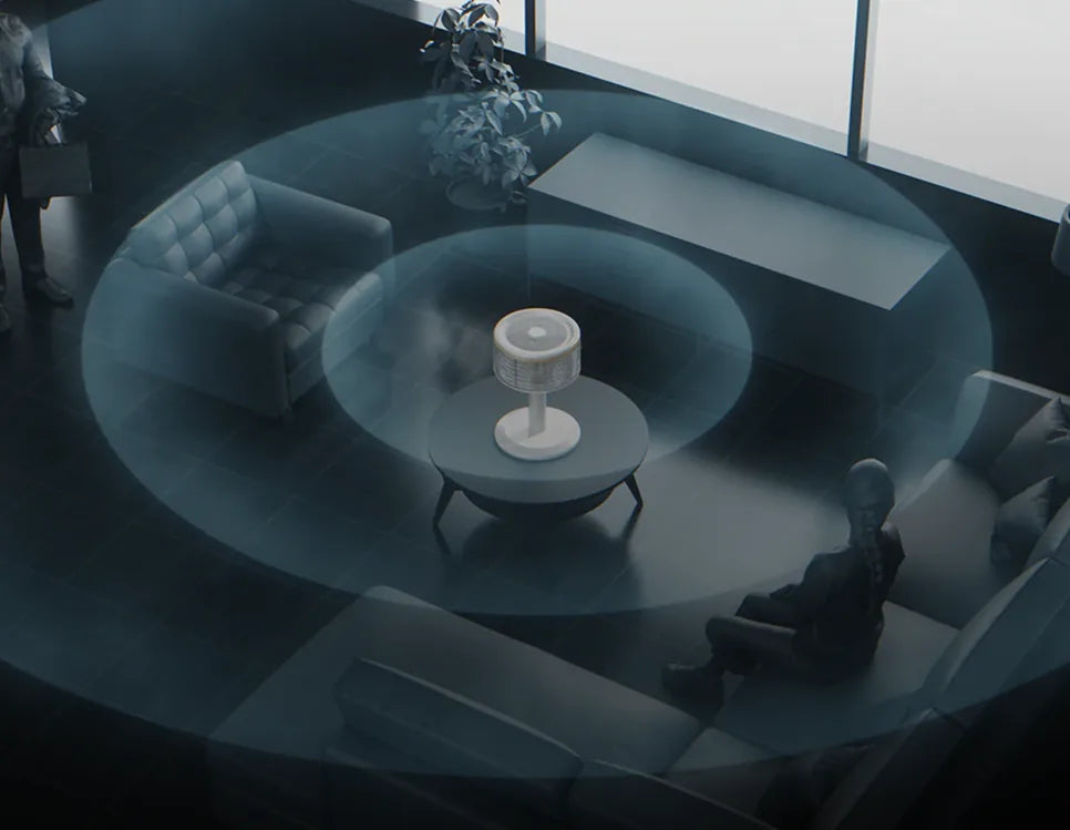 Top-down view of a living room with Spin360 in the middle and airflow rings reaching every seat