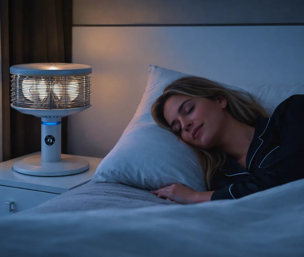 Woman sleeping soundly with a Spin360 on the nightstand
