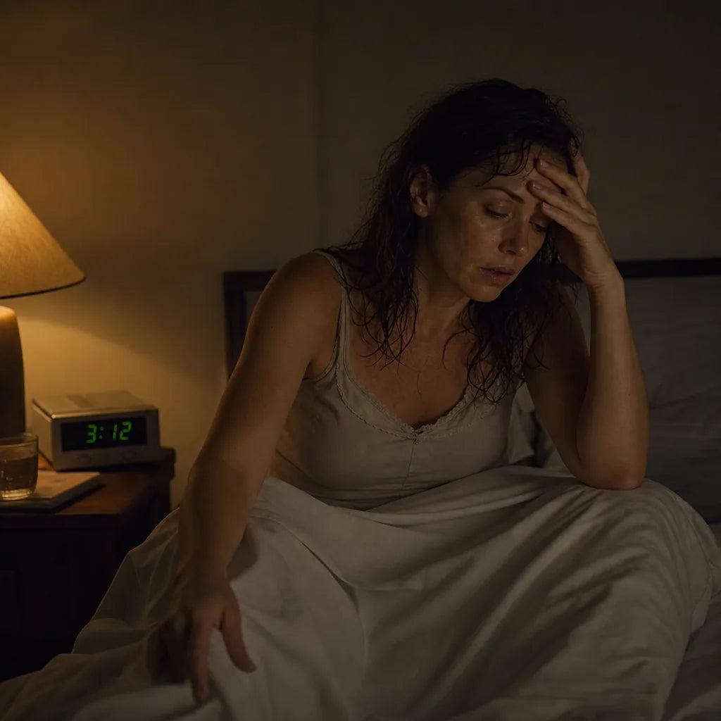 Woman sitting up in bed after midnight, hand on her head, wide awake