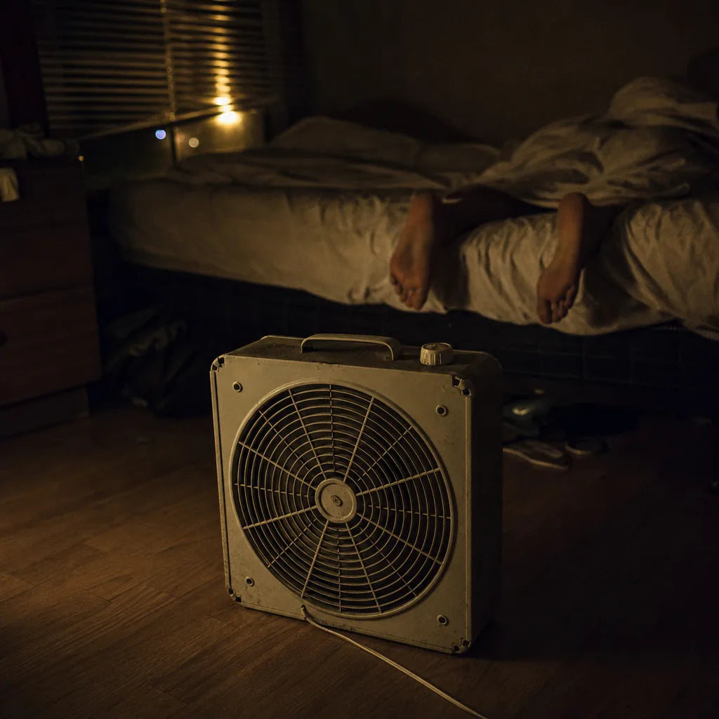 An old box fan on the floor of a dark bedroom