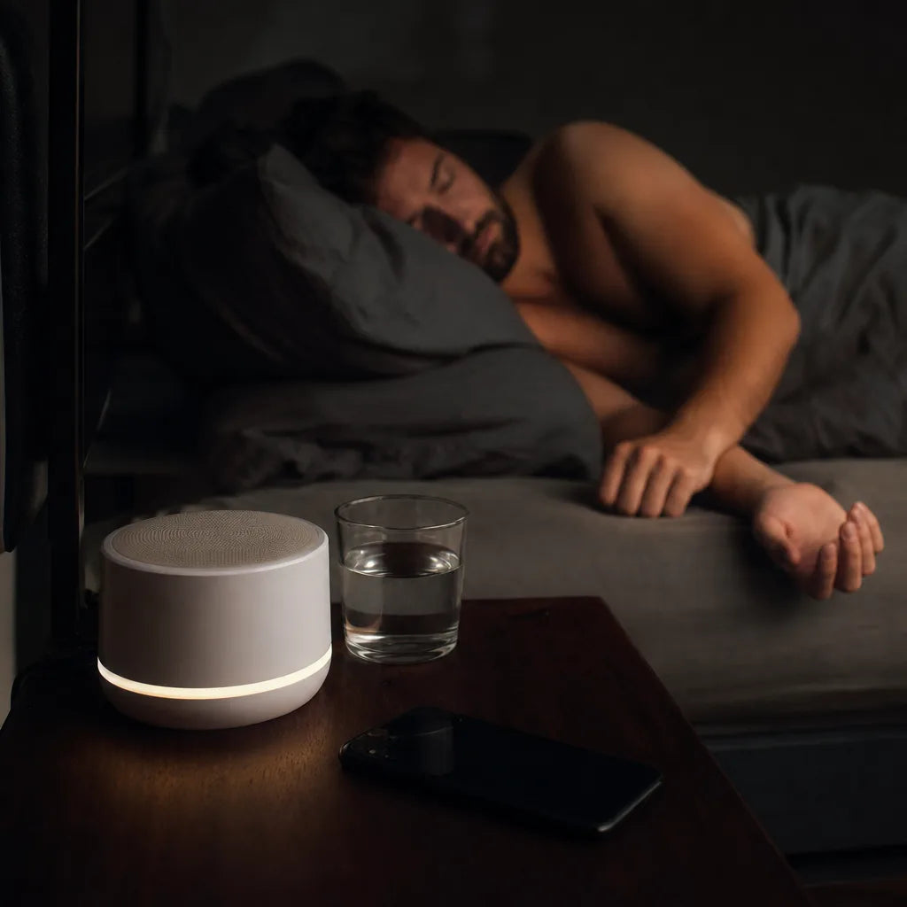 A small white sound machine on a nightstand in a dark bedroom